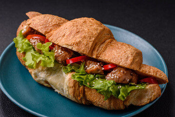 Delicious fresh crispy croissant with chicken or beef meat, lettuce, tomatoes, spices and sauce