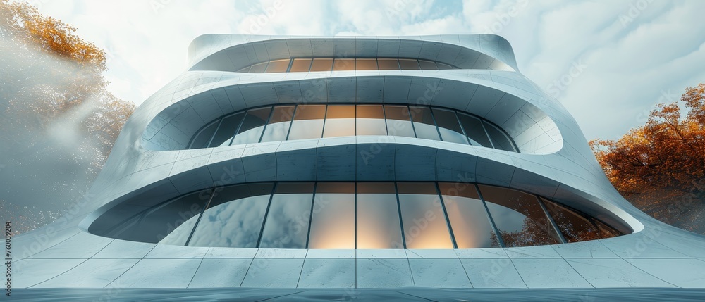 Poster a full frame of a modern building with a window on the street of a city. the building is surrounded 