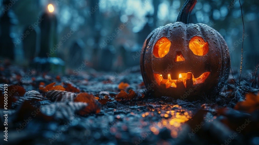 Poster On Halloween night with a full moon, Jack-O-Lanterns are lit up in a cemetery in a spooky night