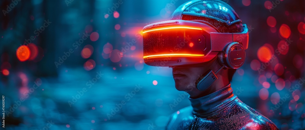 Poster virtual reality headset in a cyberpunk suit in virtual reality simulation in metaverse. video gamer 