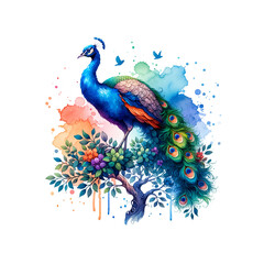 A beautiful watercolor painting of a peacock on a tree with a transparent background