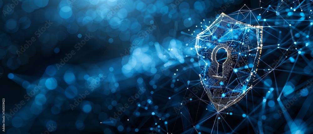 Poster Wireframe shield in polygons with lock sign on dark blue background. Secure service, protection of data, cyber shield, antivirus, internet safety, firewall, and privacy ideas.