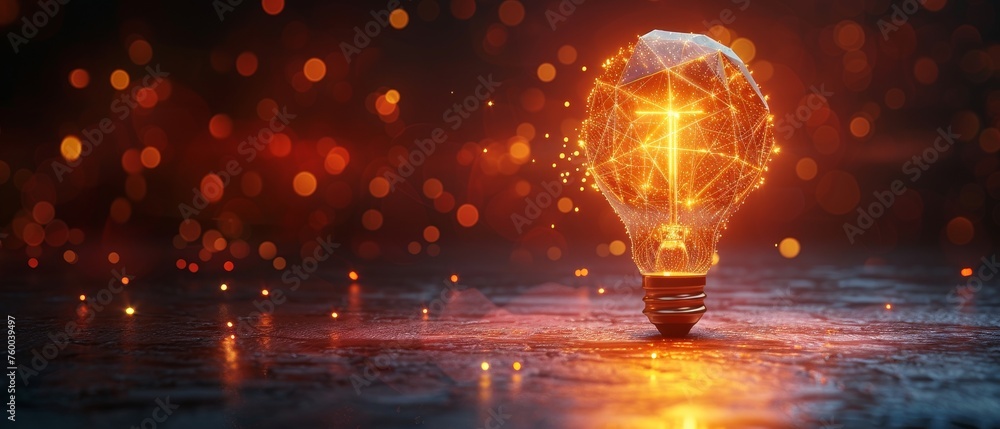 Poster Incandescent lamp with bright light. Low polygons and points. 3D white bright warm light against dark background. Idea using geometry triangles. Abstract lamp bulb mashup origami.