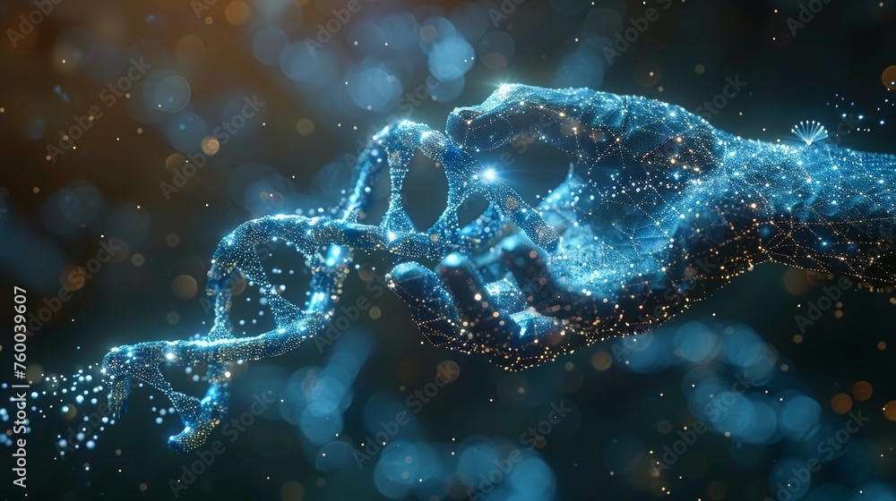 Aufkleber an abstract blue hand gives a signal with a flying 3d dna molecule helix. a genetic engineering conc