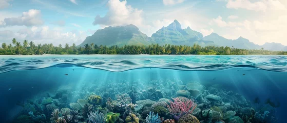 Foto auf Acrylglas A tropical island and coral reef viewed from a waterline perspective © Zaleman