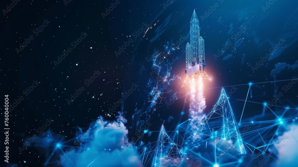 Leinwandbilder intense rocket launch with clouds of smoke, low poly style. abstract geometric background. wireframe