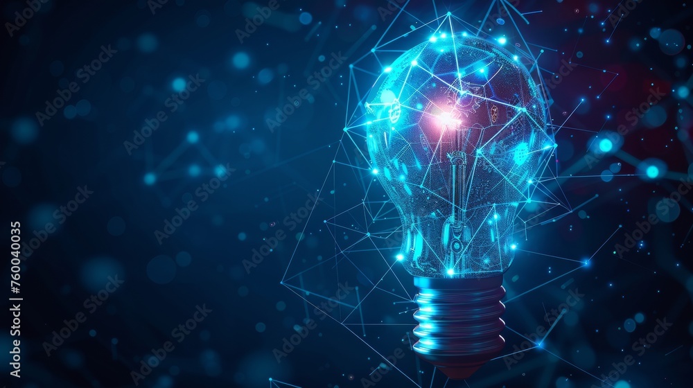 Aufkleber A blue glowing light bulb with gears inside. Machine learning and AI concept. Abstract geometric background. Wireframe light connection structure. Modern 3D graphic .