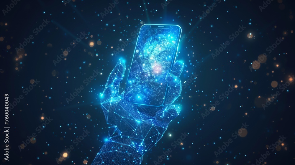 Fototapete in handphone. abstract low-poly wireframe technology illustration. starry sky and cosmos style in bl