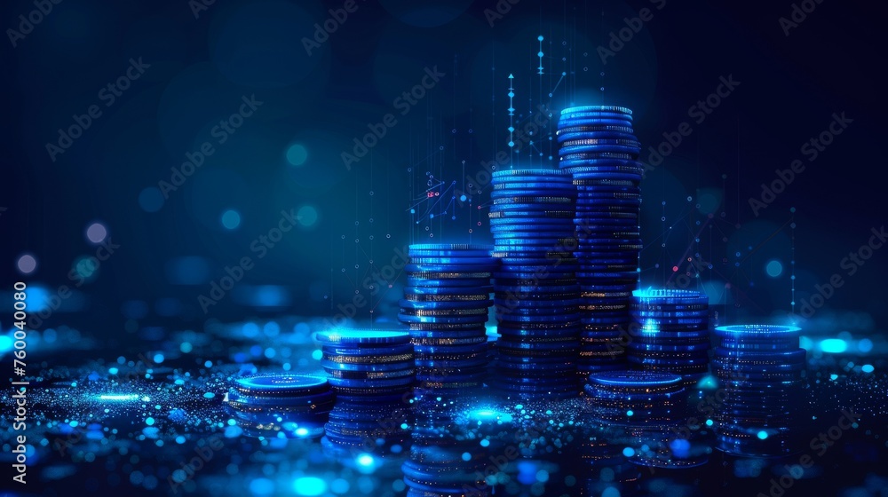 Leinwandbilder A pile of coins with falling coins. Money saving concept. Low poly style design. A blue geometric background. Wireframe light connection structure. Graphite illustration.