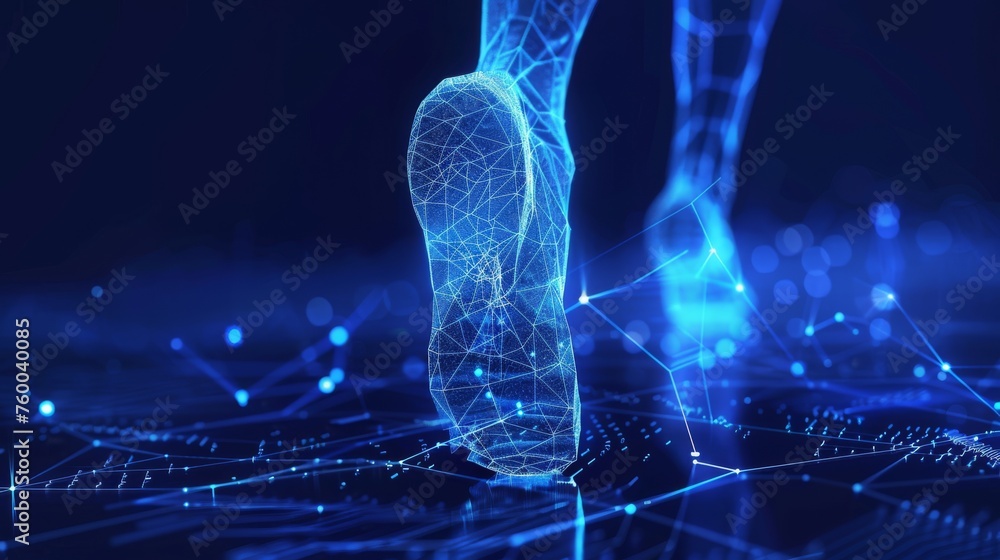 Aufkleber Running man feet. Low poly design. Abstract geometric background. Wireframe light connection structure. Modern 3d graphic concept. Isolated  illustration.