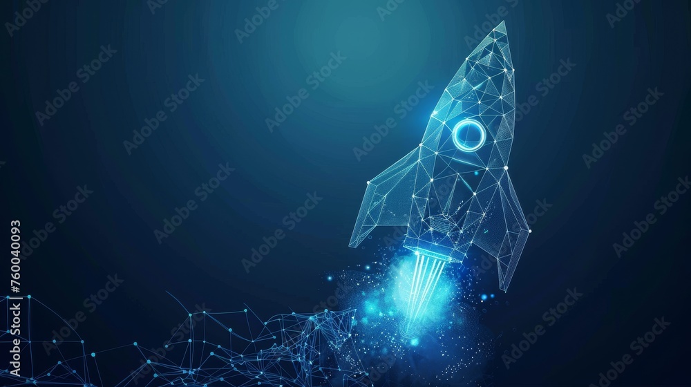 Aufkleber Rocket launch with abstract blue glowing light bulb design. Abstract geometric background. Wireframe light connection structure. 3D graphic concept. Isolated  illustration.