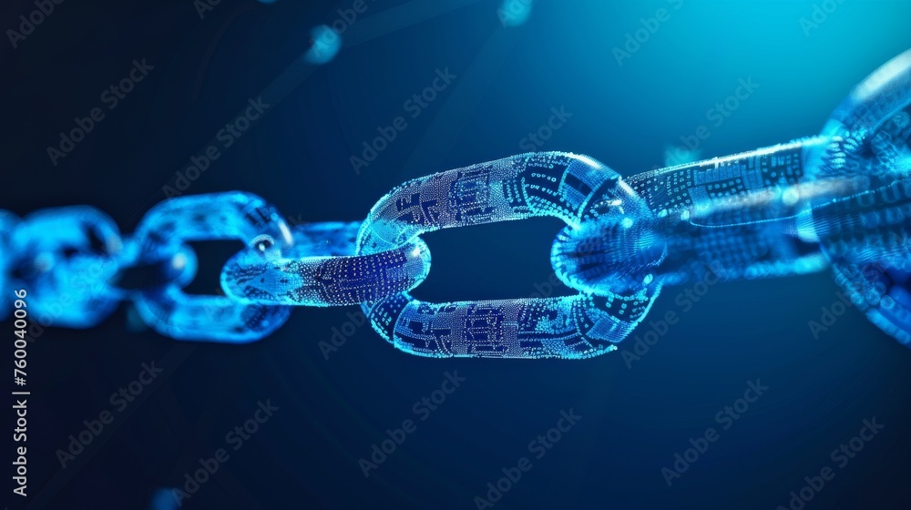 Poster abstract chain image on blue background. link protection, blockchain technology, cooperation symbol.