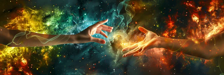 Fotobehang Hands Reaching for the Stars, Universe Concept, Cosmic Energy and Spirituality, Abstract Galaxy Background © Rabbi