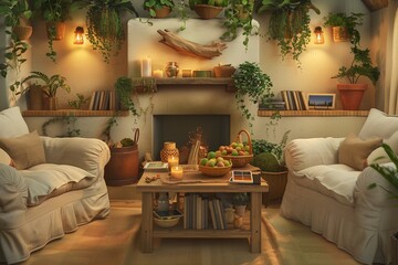 A cozy, rustic living room transformed for Earth Day with a focus on harmony with nature.