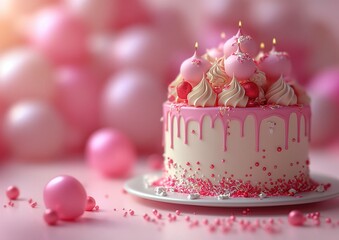 cake with candles. A Dreamy Celebration. Pink Birthday Cake Adorned with Candles, Macarons, and Sprinkles Amidst a Balloon Background