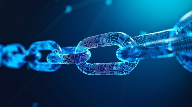 Abstract  chain image on blue background. Link protection, blockchain technology, cooperation symbol. Communication, security, internet safety, connected concept.