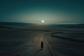 Lost soul wandering a barren desert, full moon, high contrast, drone shot from above, cinematic