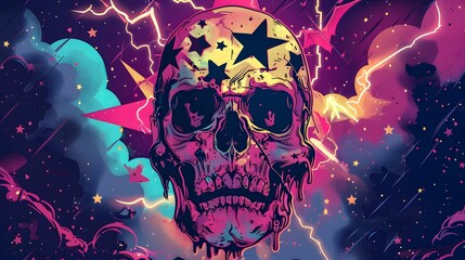 Rock metal skull artwork with 90's retro style.