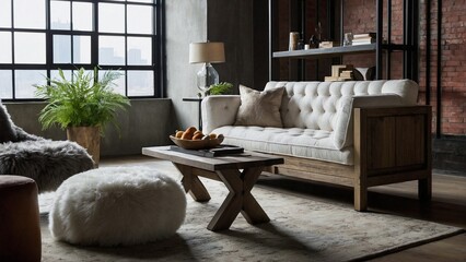 Modern living room with sofa. A rustic cabinet. Minimalist living space. A plush, white tufted sofa set. Industrial concrete walls. Modern living room.