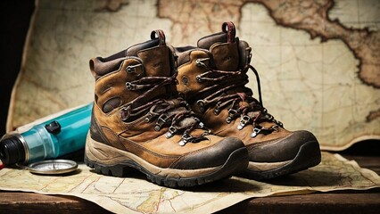 Old boots on a wooden background. A pair of hiking boots. A map and compass, hinting at an upcoming adventure. Hiking adventure. Men hiking shoes. 