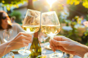 Couple toasting with white wine glasses in a restaurant. Selective focus.