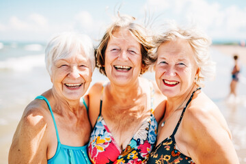 Three older women standing on beach next to ocean. Smiling and looking at camera. Concept of travel in retirement.