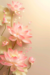 Obraz premium Pink lotus flowers on a soft pastel light background, next to the magical glowing lights of garlands, creating an atmosphere of goodness, lightness, faith