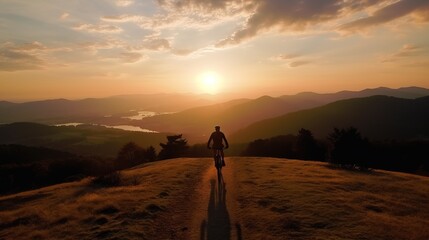Fototapeta na wymiar Aerial view of Hiker with bicycle watching sunset.