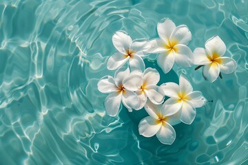 Fototapeta na wymiar plumeria flowers in a shape of a heart in a shallow turquoise pool top view