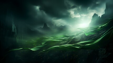 Fantasy landscape with green forest and dark sky. 3d rendering