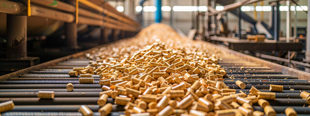 A conveyor belt is filled with wood chips