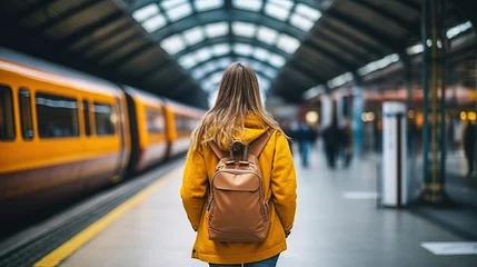 Foto op Plexiglas Back view woman in casual clothes walking on platform towards train door on railway station in London, United Kingdom.    © Tumelo