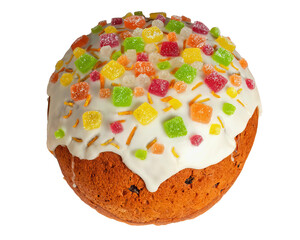 Festive Easter cake, with sweet sugar glaze, decorated with marmalade and candied fruits, isolated