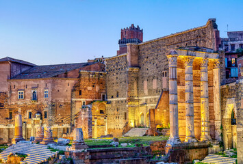 Night view of the Forum of Augustus in Rome, Italy.
