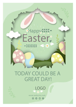  Easter party concept. Top view photo of easter bunny ears white pink blue and yellow eggs on isolated pastel blue background with copyspace in the middle Colourful easter banner with bunnies, eggs