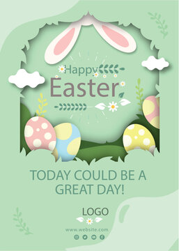  Easter party concept. Top view photo of easter bunny ears white pink blue and yellow eggs on isolated pastel blue background with copyspace in the middle Colourful easter banner with bunnies, eggs