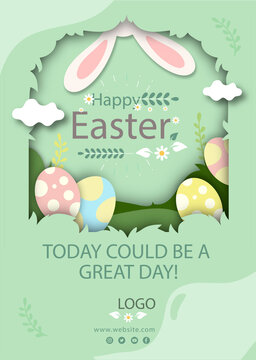  Easter party concept. Top view photo of easter bunny ears white pink blue and yellow eggs on isolated pastel blue background with copyspace in the middle Colourful easter banner with bunnies, eggs