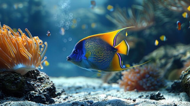 Sleek colorful angelfish gliding over a rocky sea floor. Beautiful sea scene in an aquarium