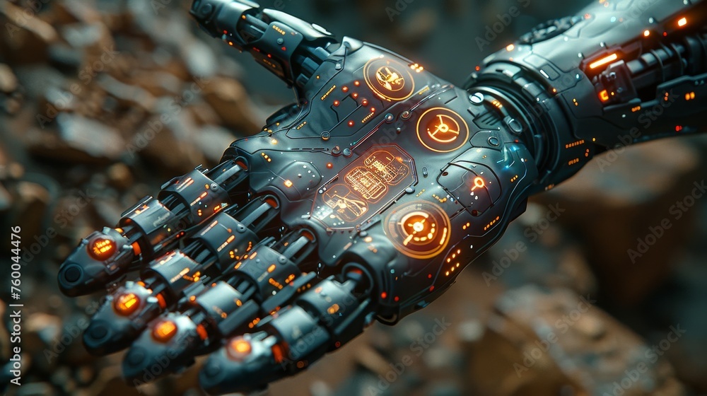 Poster futuristic template medical interface hud rendering showing a cyborg hand