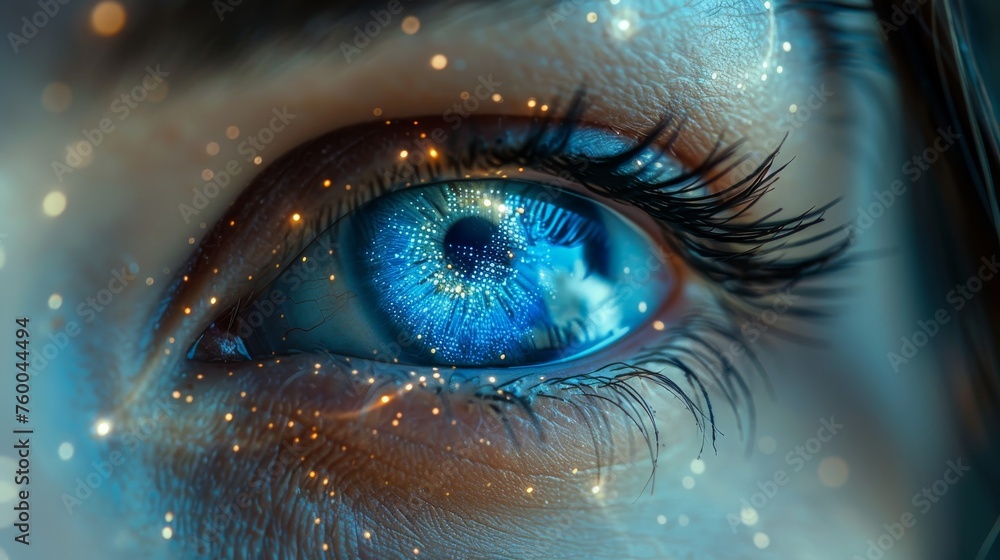 Poster blue eye digital interface. biometrics and scanning concept. double exposure.
