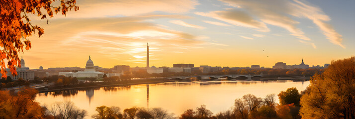 Dawn Breaks Over Iconic Washington DC Monuments Reflected in Potomac River - obrazy, fototapety, plakaty