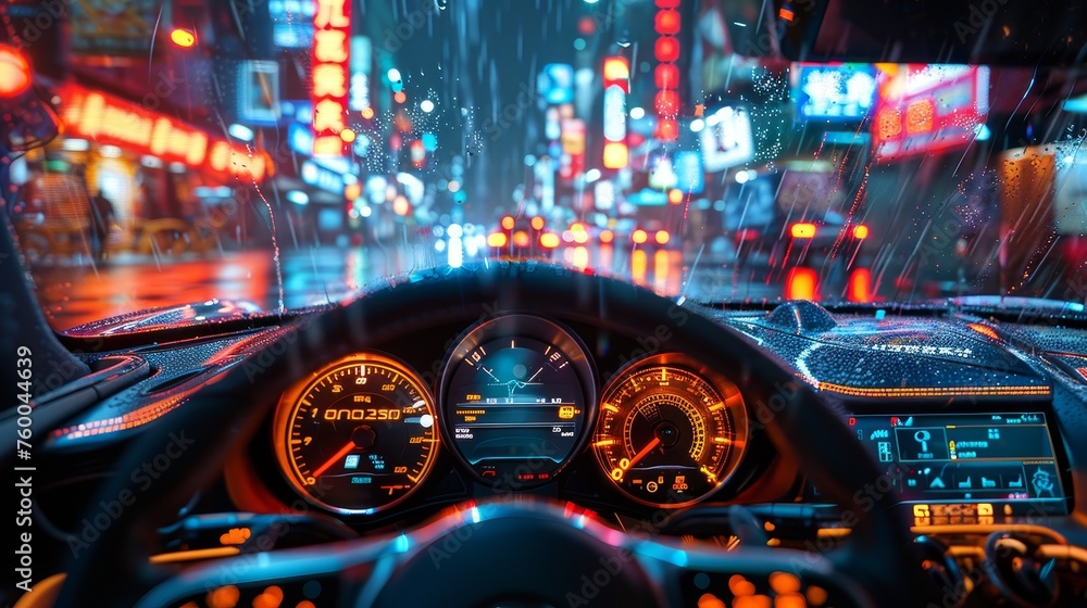 Poster an empty cockpit of a vehicle with a head-up display (hud) and digital speedometer.