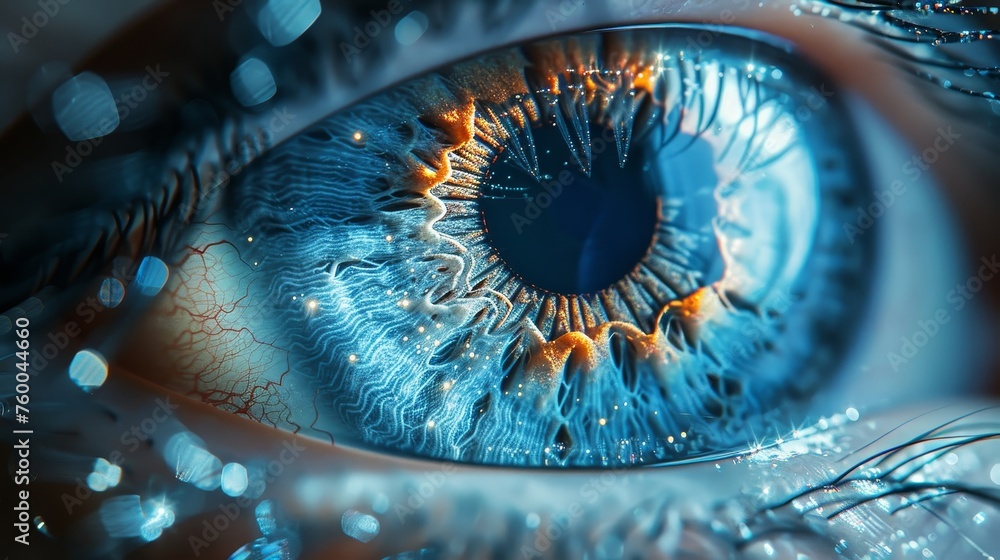 Poster wallpaper with an abstract digital blue eye interface. concept of biometrics and scanning.