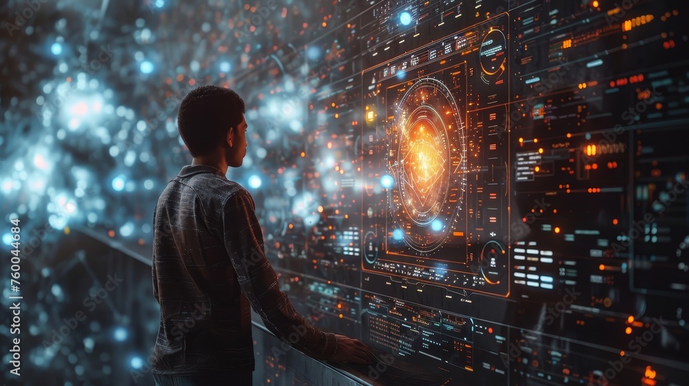 Poster This image shows an Arab man using a hologram. A futuristic user interface concept that combines a graphical user interface (GUI), a head-up display (HUD), and the internet of things.