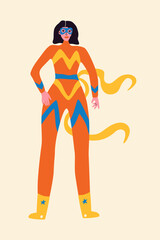 Superwoman. Wonder female hero character in superhero costume with waving tapes. Super girl cartoon vector illustration isolated on background.