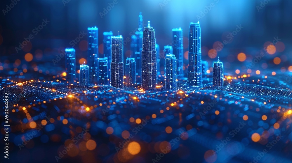 Poster Wi-Fi smart city or network. Low poly wireframe. Building automation with computer board illustration. Isolated on a dark blue background. Plexus points and lines. Wireless smart city or network.