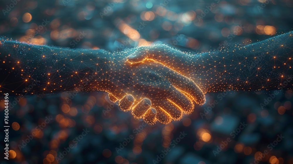 Poster Two hands handshake in silhouette in a starry sky. Concept of future and innovation. Particles are connected in a geometric silhouette with plexus lines.
