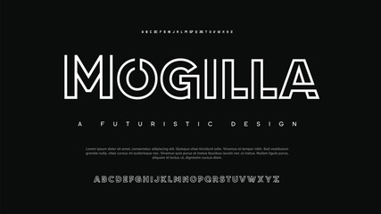 Mogilla Double line monogram alphabet and tech fonts. Lines font regular uppercase and lowercase. Vector illustration.