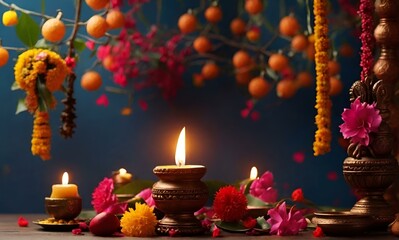 Tamil New Year background festival of lights celebration banner Design Diya 