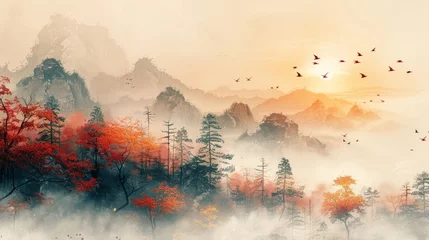 Tuinposter Ink landscape painting. Golden texture. Hand-painted, Chinese style, artistic conception landscape painting. Modern Art. Prints, wallpapers, posters, murals, carpets. © Zaleman